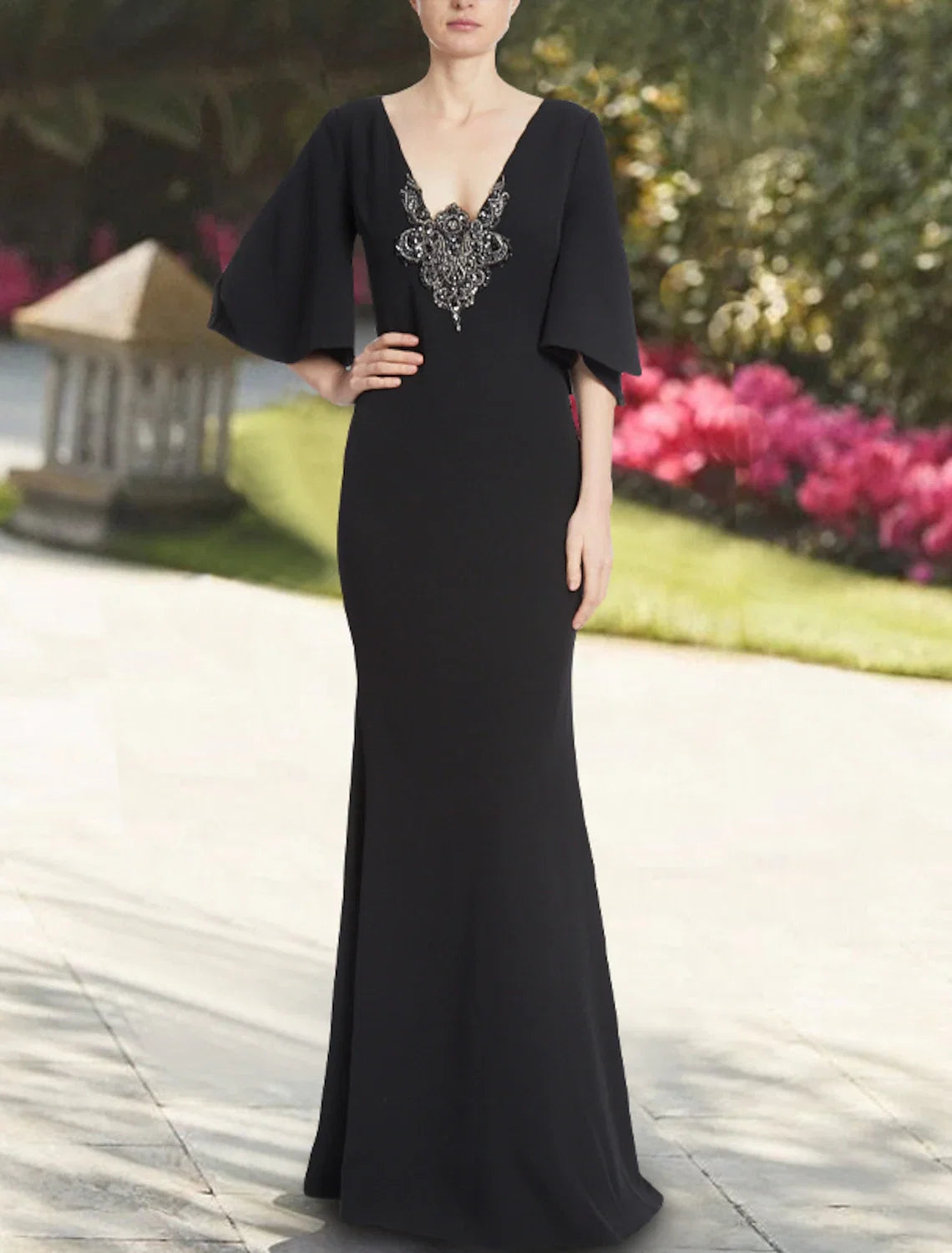 Mermaid V-Neck Chiffon Three-Quarter Sleeve Floor-Length Evening Gown - Chloe Dress