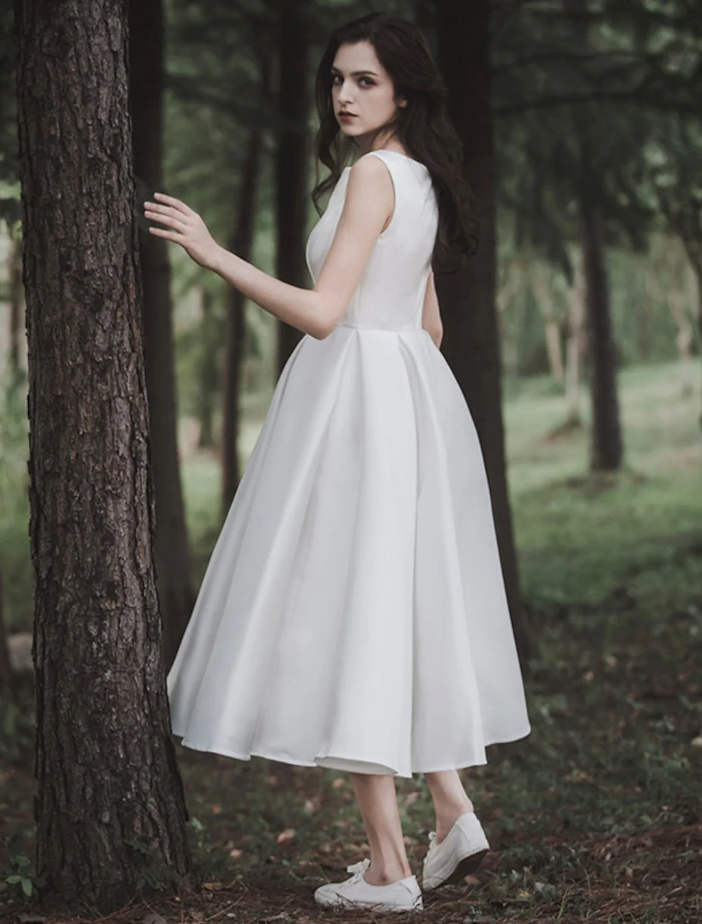 White A-Line Satin Sleeveless Tea-Length Wedding Gown - Chloe Dress