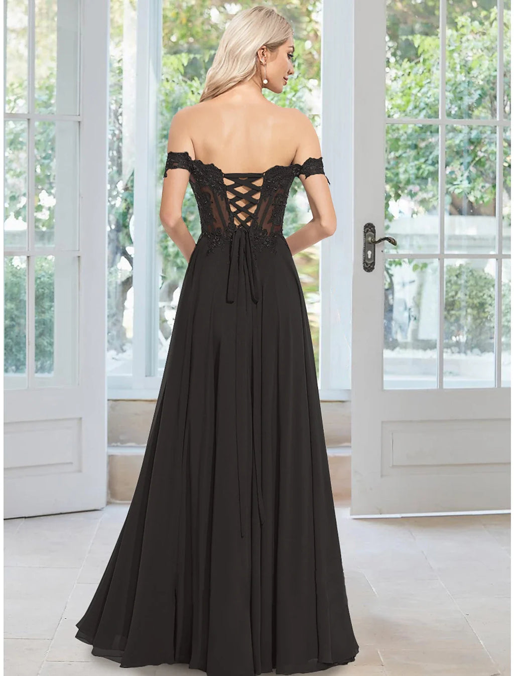 A-Line Off-Shoulder Chiffon Sleeveless Applique Floor-Length Evening Gown - Chloe Dress