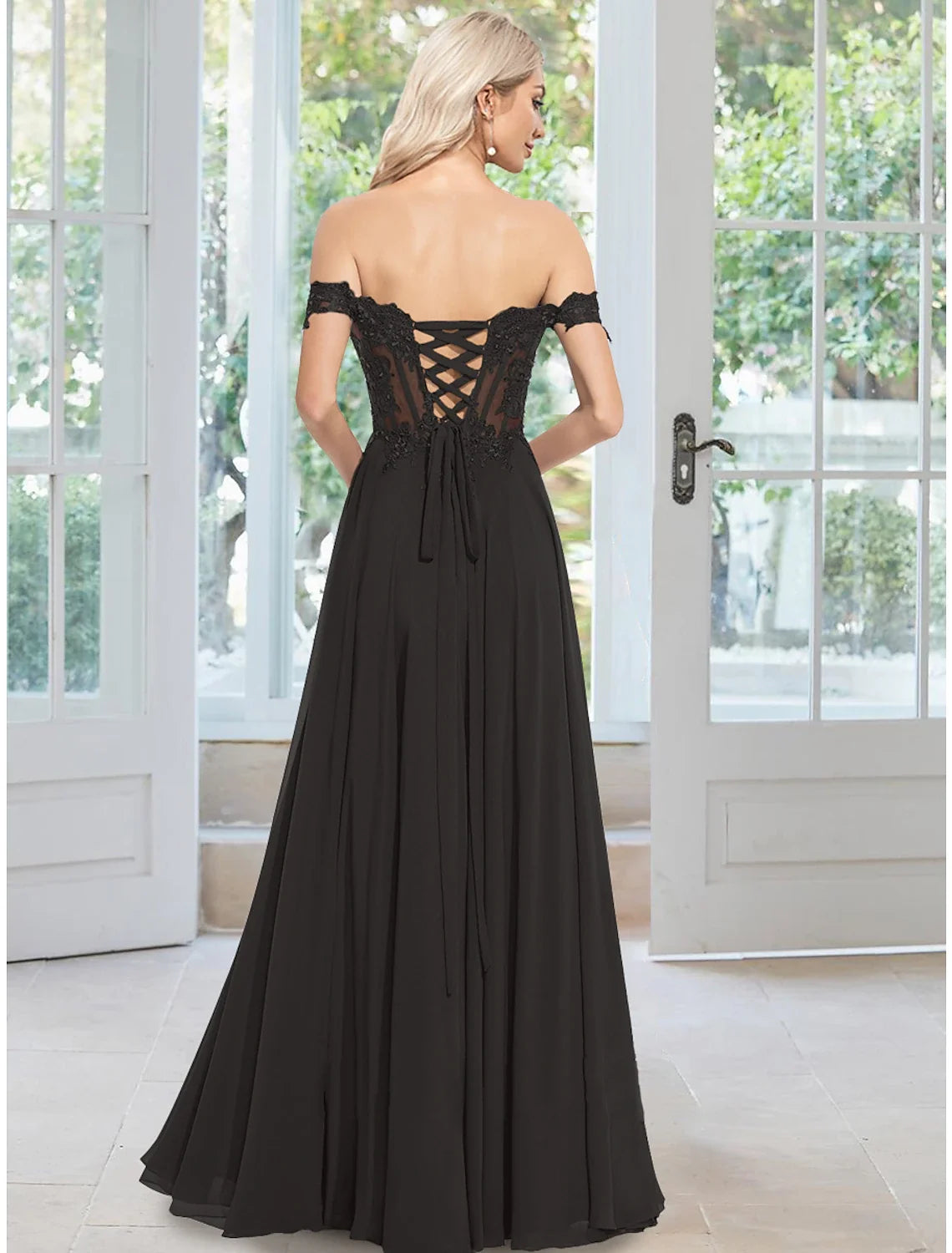 A-Line Off-Shoulder Chiffon Sleeveless Applique Floor-Length Evening Gown - Chloe Dress