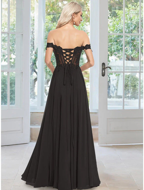 A-Line Off-Shoulder Chiffon Sleeveless Applique Floor-Length Evening Gown - Chloe Dress