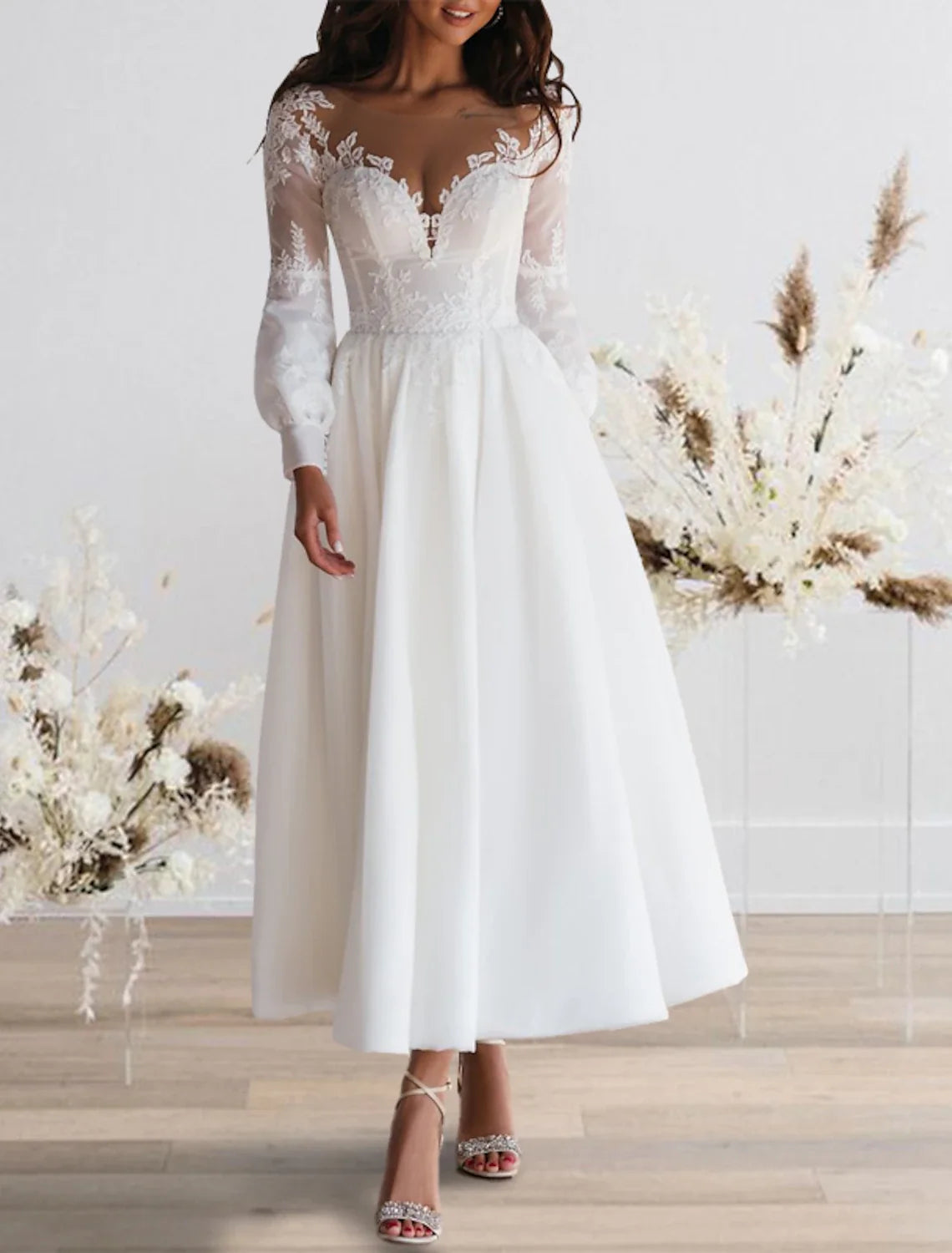 A-Line Sweetheart Satin Tea-Length Wedding Gown - Chloe Dress