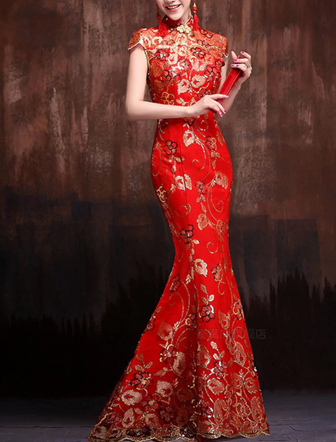 Mermaid High Neck Satin Short Sleeve Floor-Length Evening Gown - Chloe Dress
