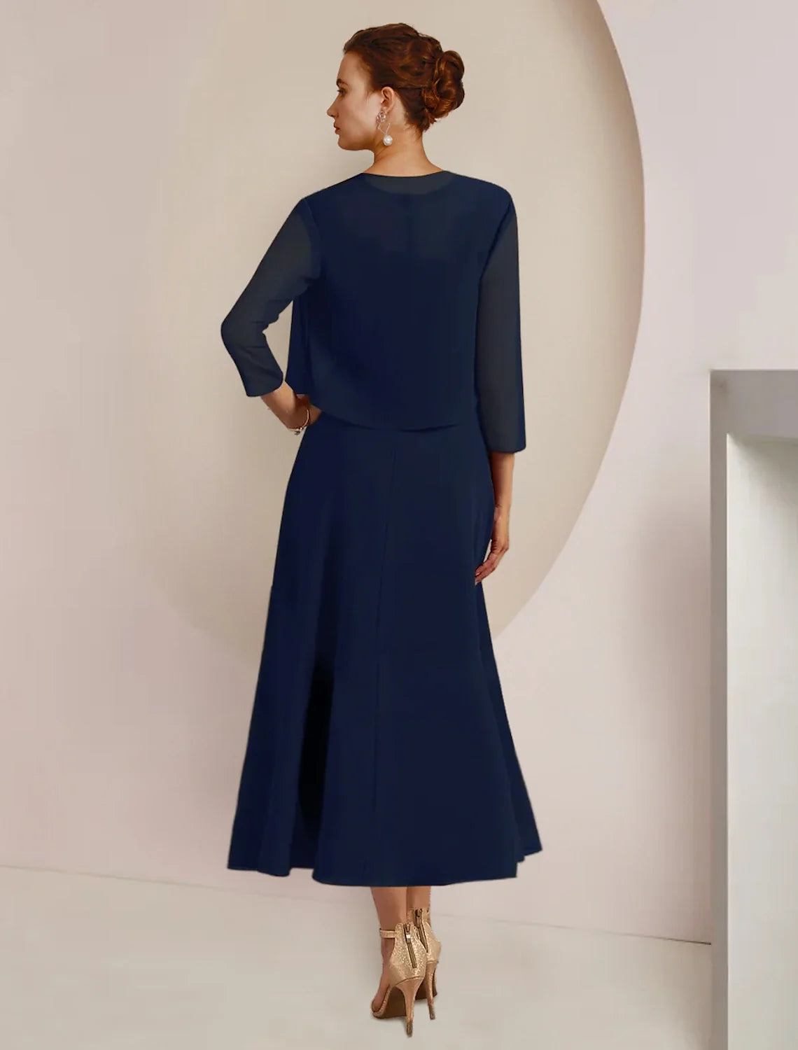 A-Line Chiffon Three-Quarter Sleeve Applique Tea-Length Wedding Dress - Chloe Dress