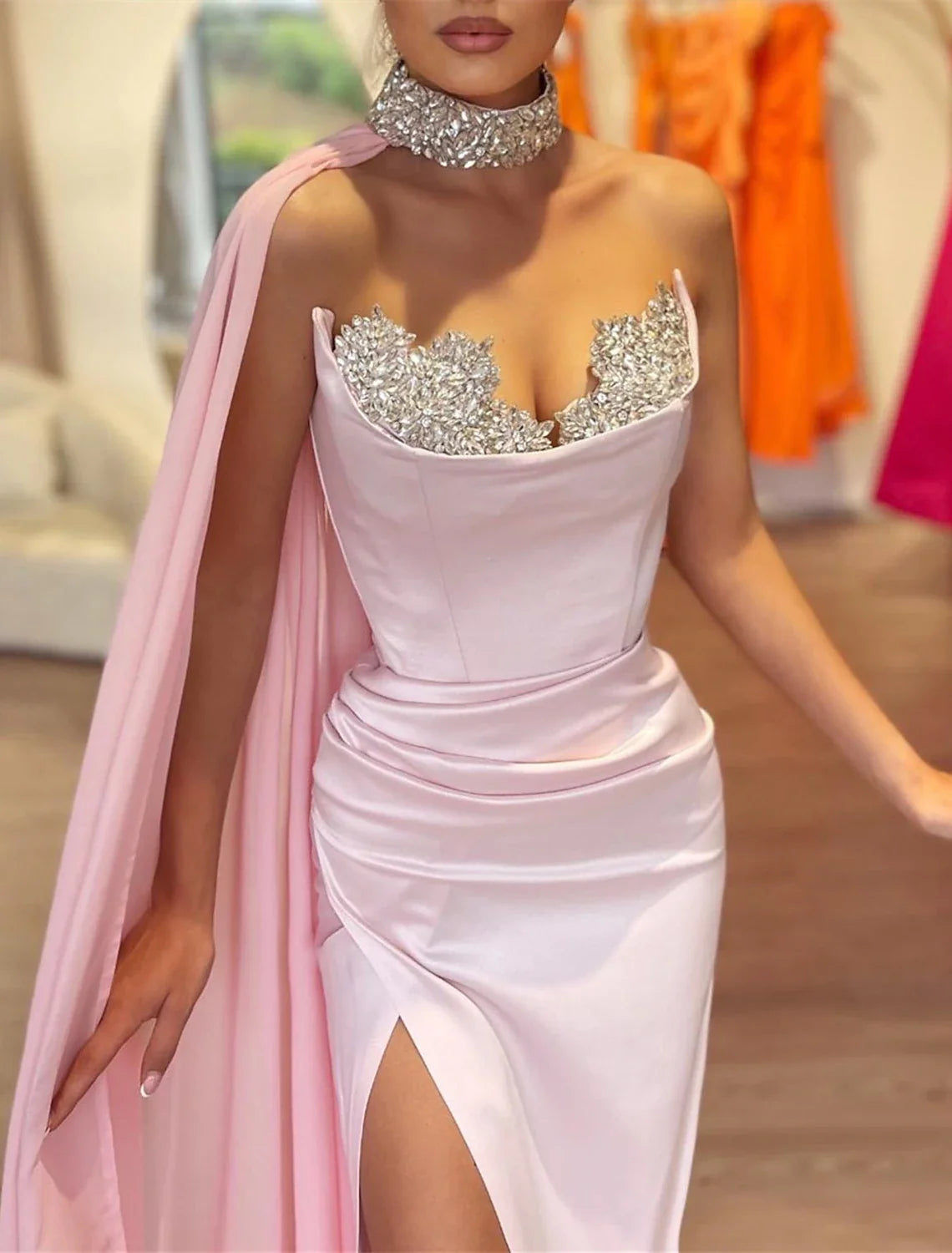 Black Mermaid Strapless Satin Sleeveless High Slit Evening Gown - Chloe Dress