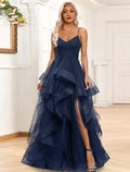A-Line Spaghetti Strap Organza Sleeveless High Slit Evening Gown - Chloe Dress