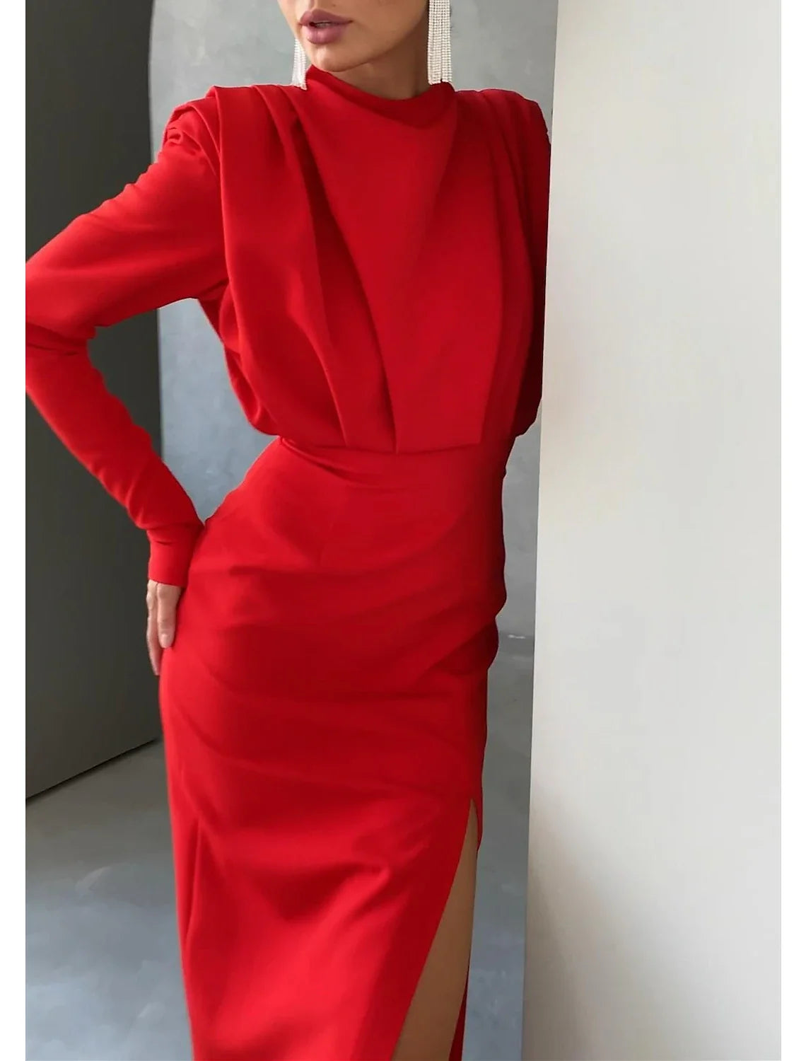 Green Sheath High Neck Long Sleeve High Slit Floor-Length Evening Gown - Chloe Dress