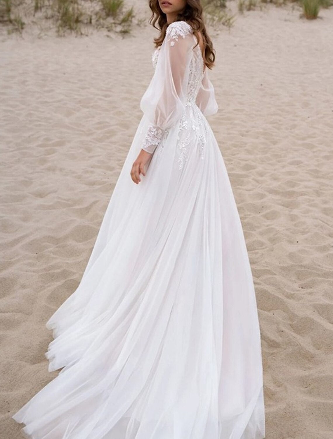 A-Line V-Neck Lace Long Sleeve Train Wedding Gown - Chloe Dress
