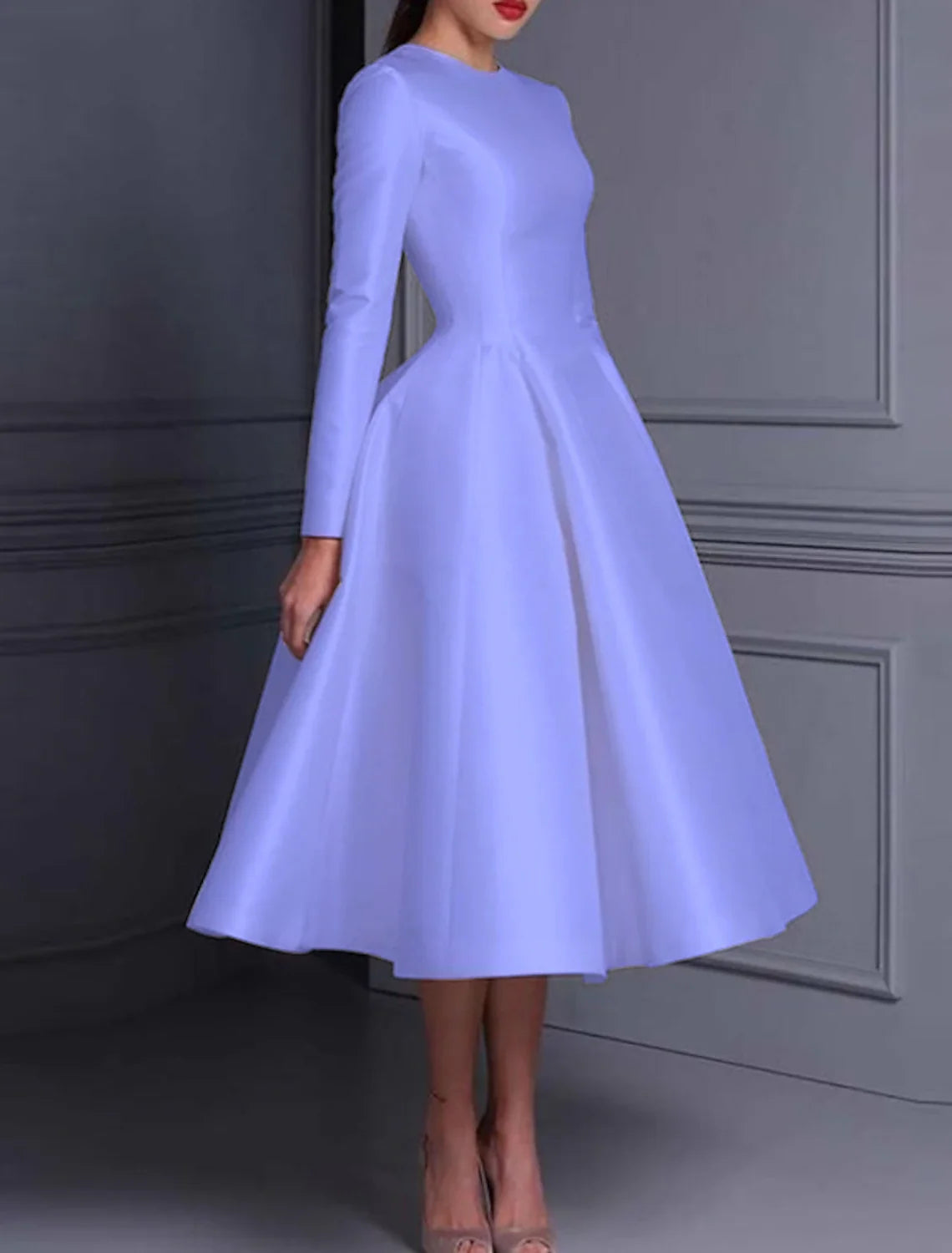 Ball Gown Satin Long Sleeve Pleated Tea-Length Wedding Gown - Chloe Dress