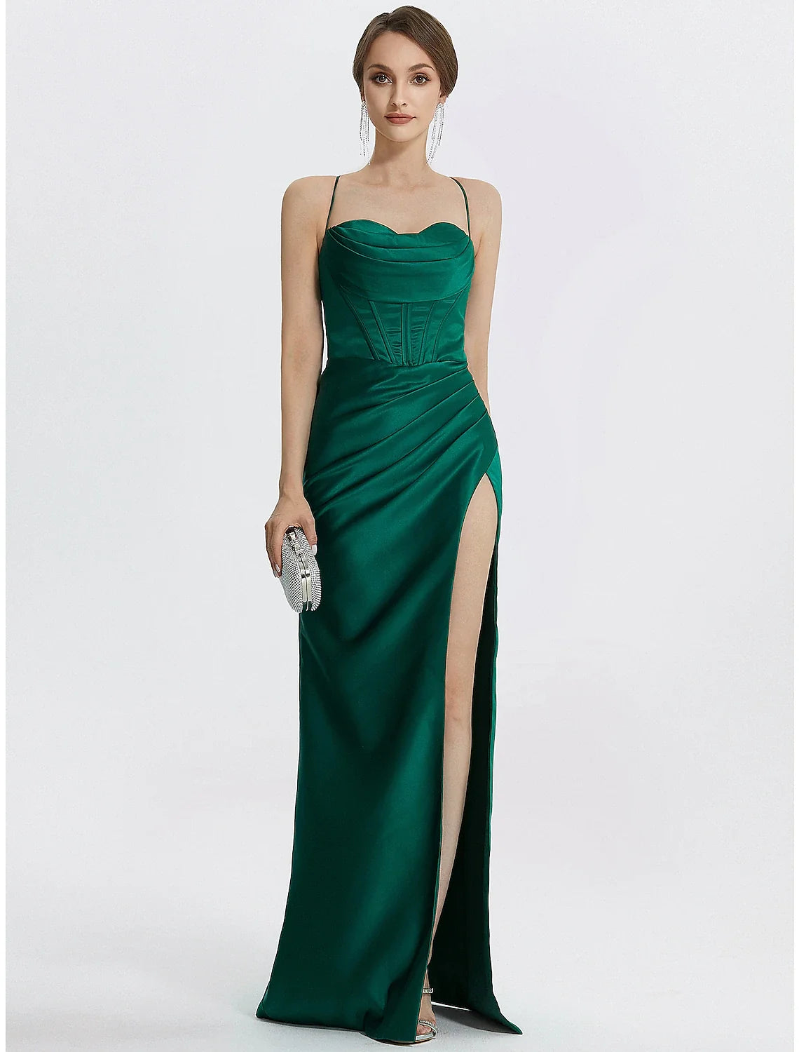 Black Mermaid Cowl Neck Satin Sleeveless Lace-Up Back High Slit Floor-Length Prom Dress - Chloe Dress