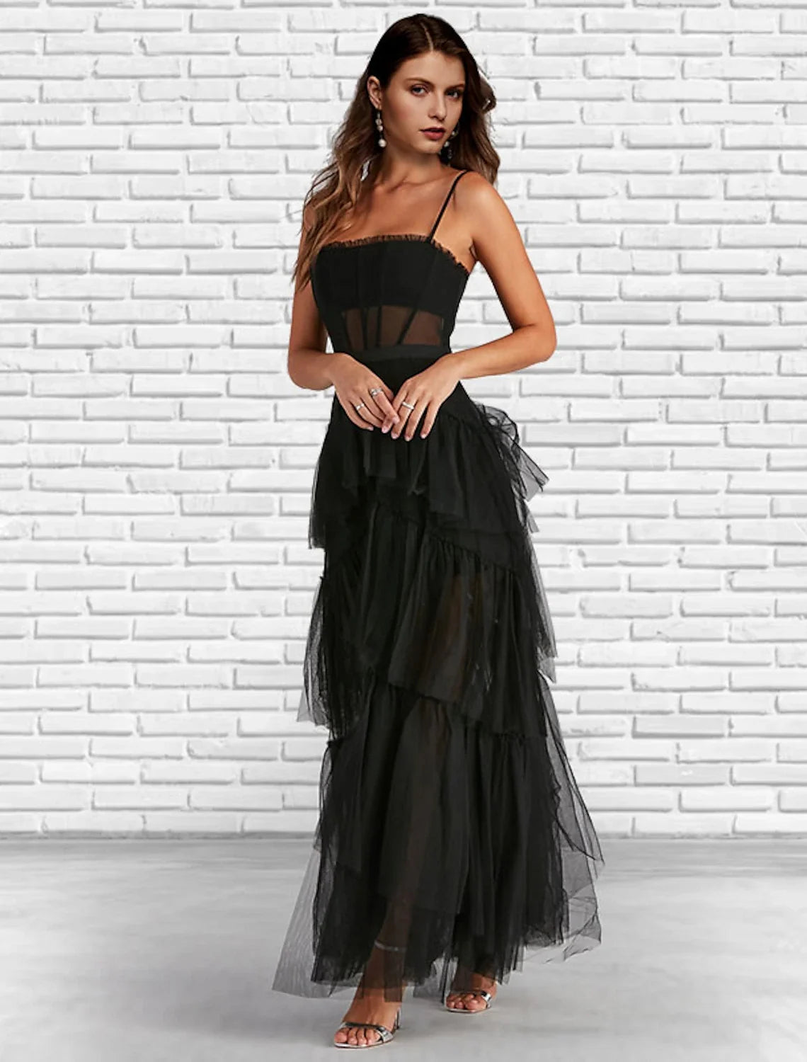 A-Line Strapless Tulle Sleeveless Lace-Up Back Ruffled Ankle-Length Prom Dress - Chloe Dress