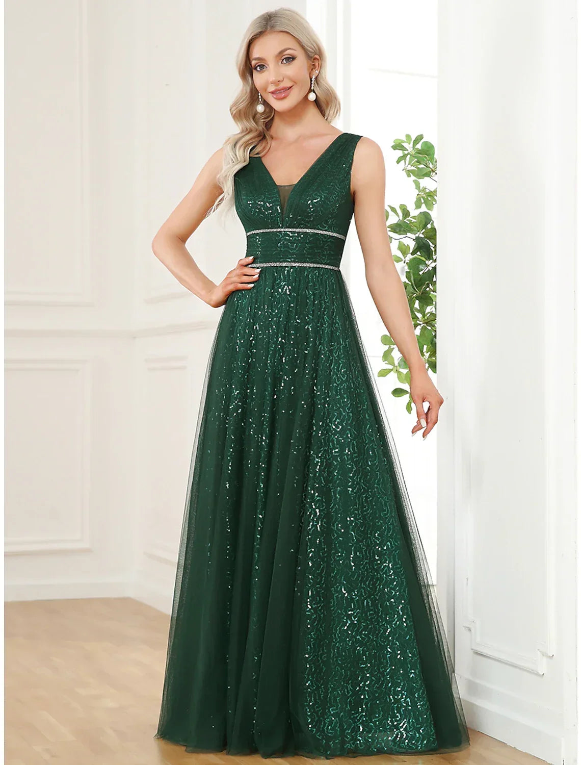 A-Line V-Neck Sequin Sleeveless Floor-Length Prom Dress - Chloe Dress