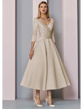 A-Line V-Neck Satin Three-Quarter Sleeve Pleated Tea-Length Wedding Dress - Chloe Dress