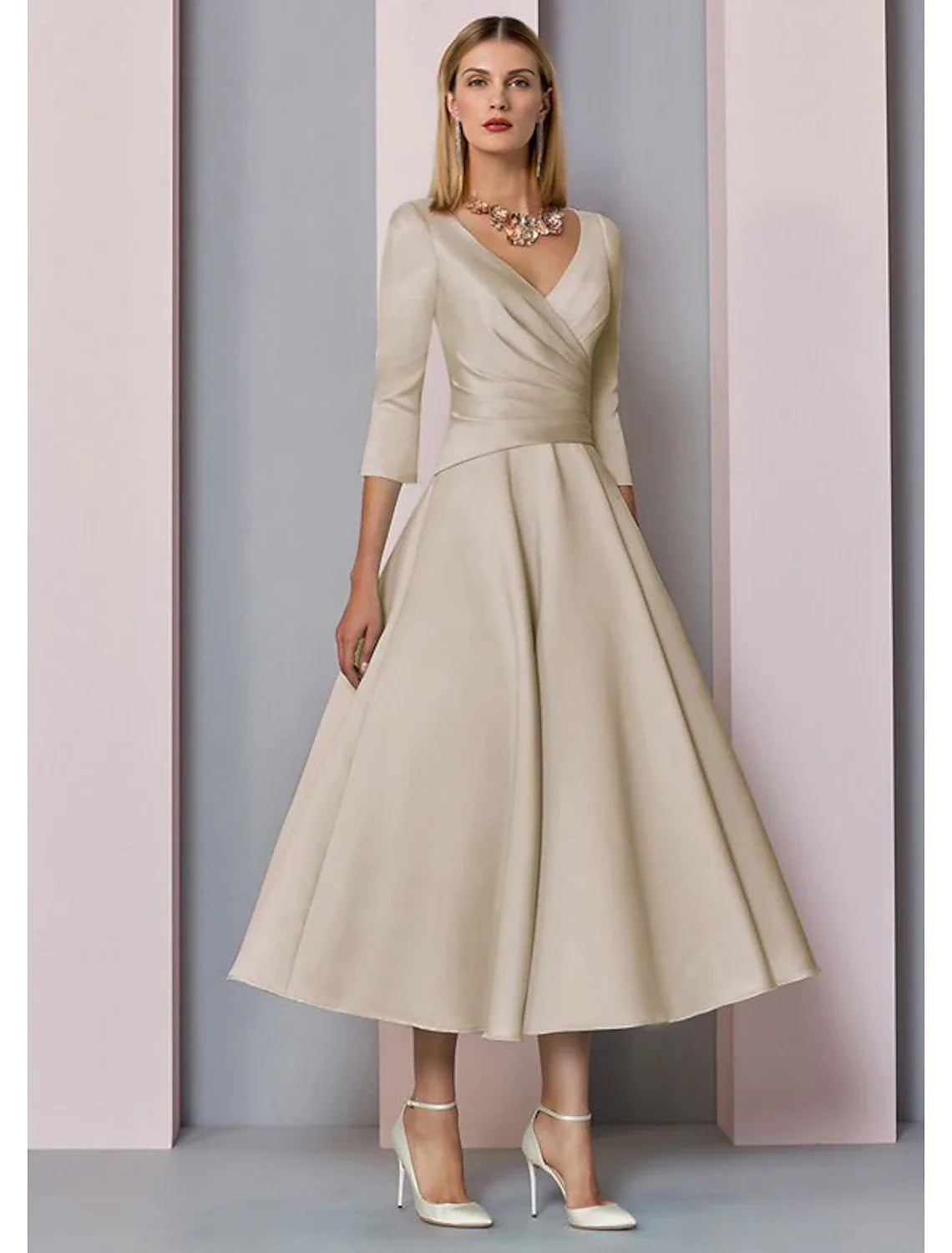 A-Line V-Neck Satin Three-Quarter Sleeve Pleated Tea-Length Wedding Dress - Chloe Dress
