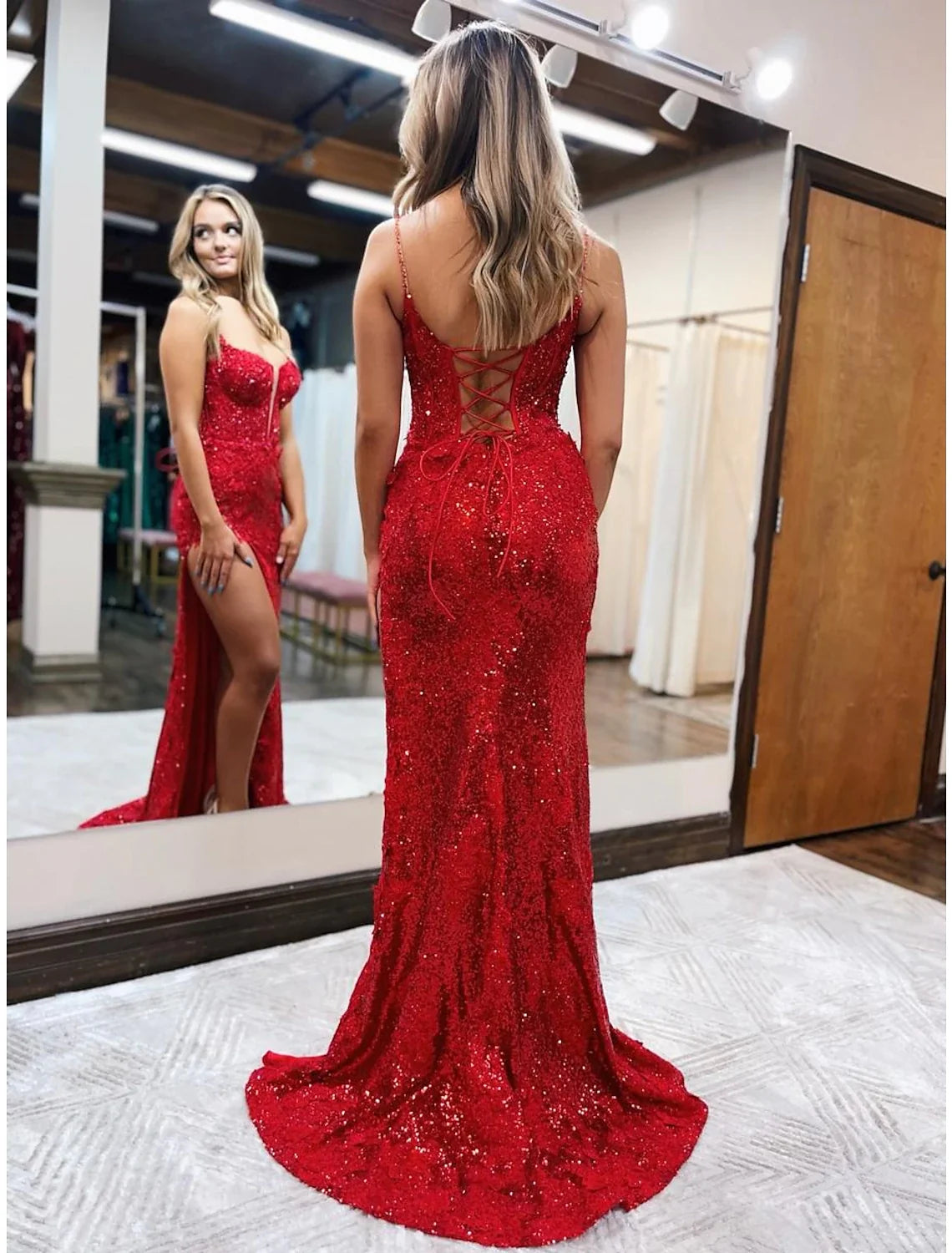 Mermaid Spaghetti Strap Sequin Sleeveless Backless High Slit Prom Dress - Chloe Dress