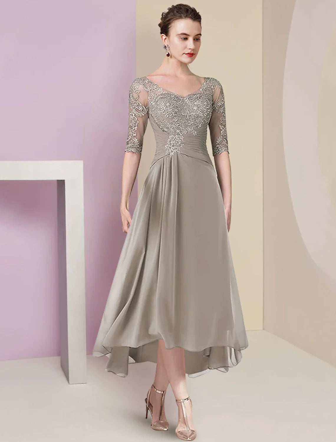 A-Line V-Neck Chiffon Wrap Tea-Length Wedding Dress - Chloe Dress
