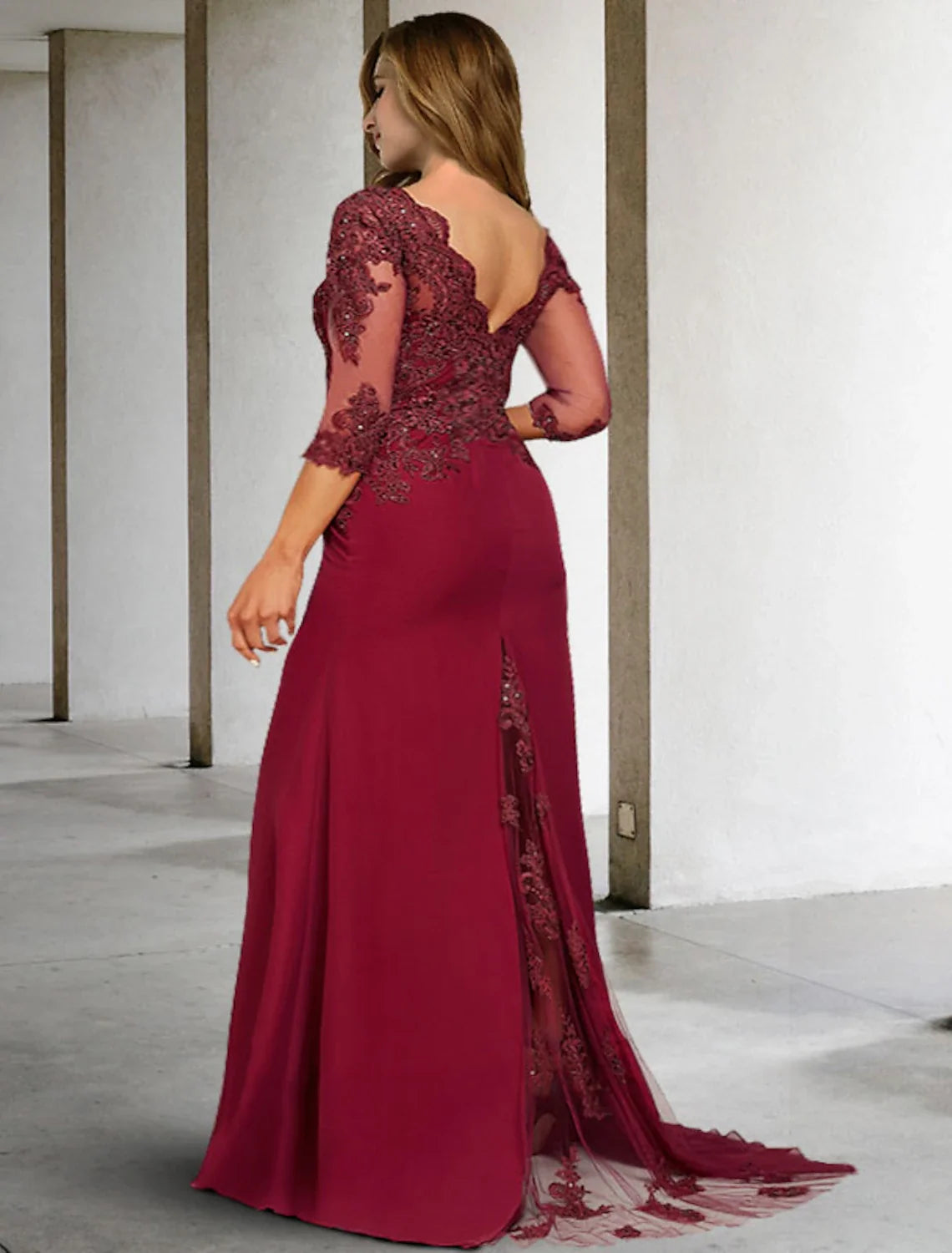 A-Line V-Neck Chiffon Three-Quarter Sleeve High Slit Formal Dress - Chloe Dress