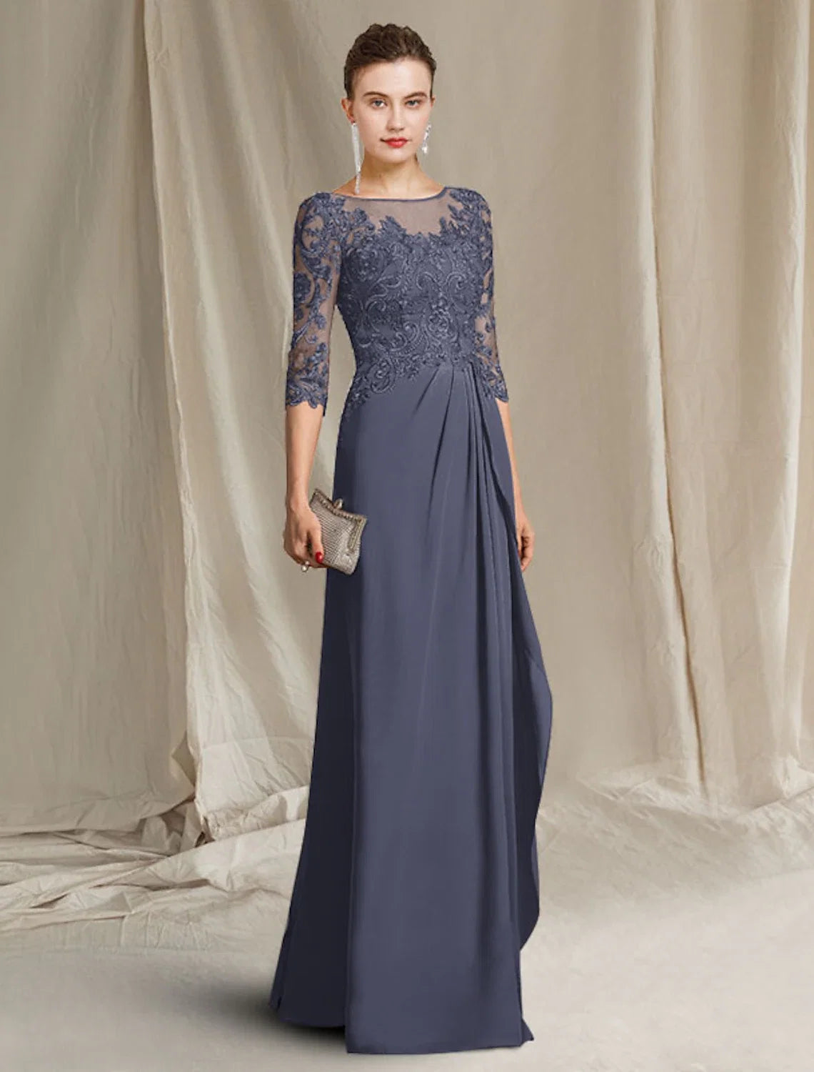 Sheath Chiffon Three-Quarter Sleeve Ruffled Floor-Length Dress - Chloe Dress