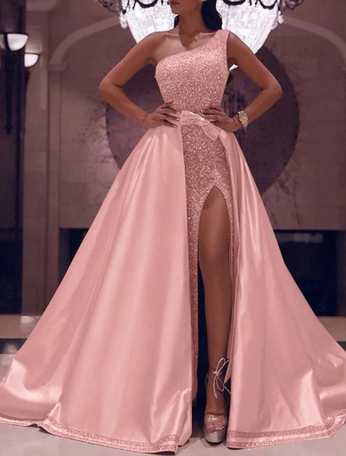 Ball Gown One-Shoulder Satin Sleeveless High Slit Floor-Length Evening Gown - Chloe Dress