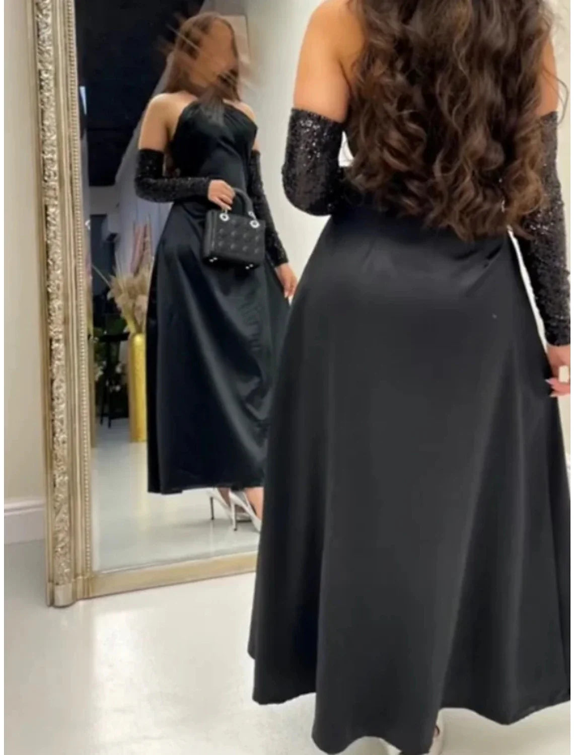 Black A-Line Halter Satin Sleeveless Pleated Ankle-Length Evening Gown - Chloe Dress