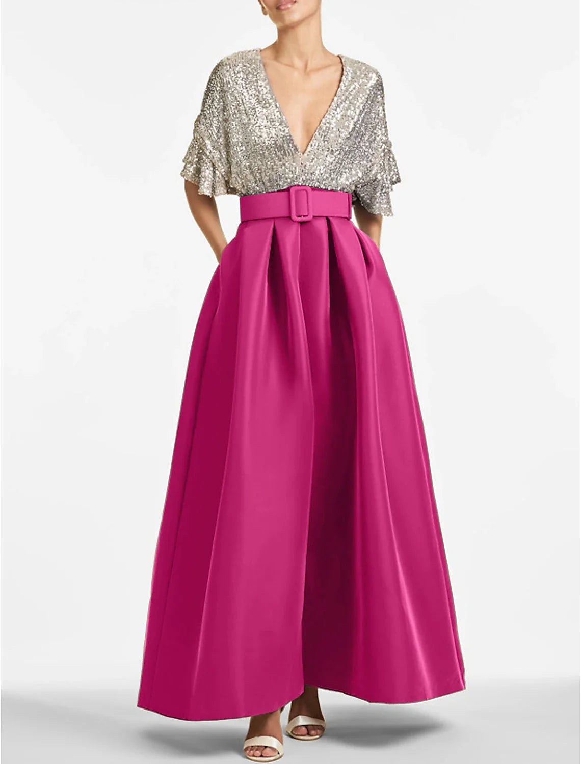 A-Line V-Neck Sequin Ankle-Length Evening Gown - Chloe Dress