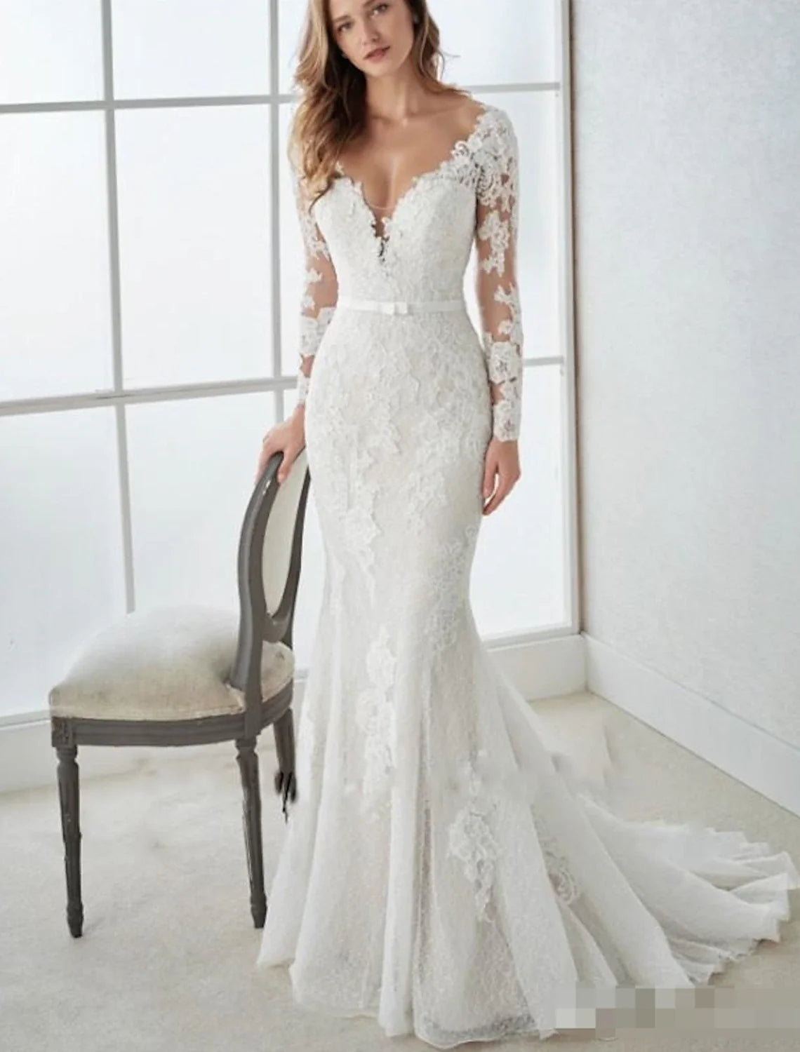 Mermaid V-Neck Lace Long Sleeve Open Back Train Wedding Gown - Chloe Dress