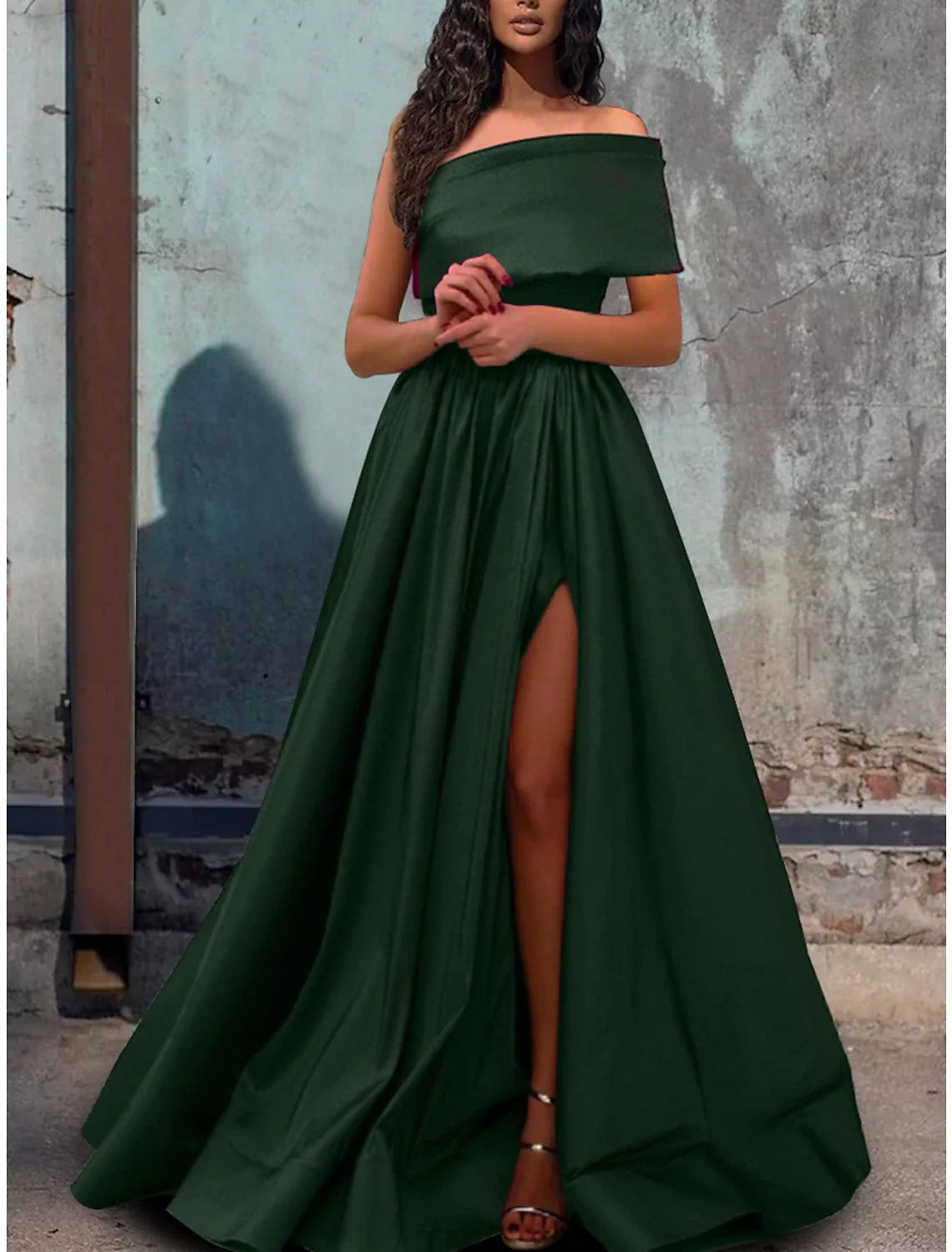 A-Line One-Shoulder Satin Short Sleeve High Slit Floor-Length Prom Dress - Chloe Dress