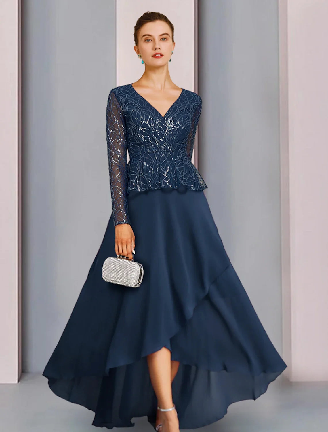 Sheath V-Neck Chiffon Long Sleeve Pleated Wedding Dress - Chloe Dress