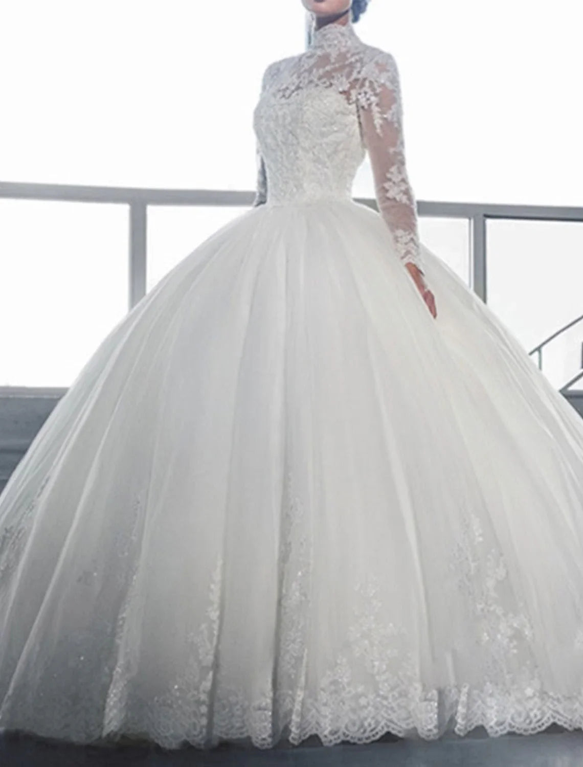 Ball Gown High Neck Lace Long Sleeve Train Wedding Gown - Chloe Dress