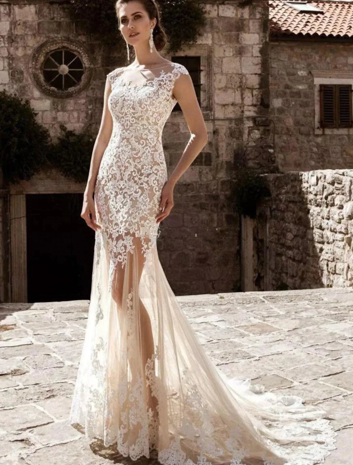 Mermaid Illusion Lace Cap Sleeve Train Wedding Gown - Chloe Dress