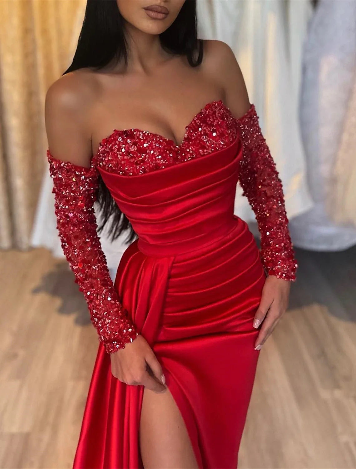 Black Mermaid Off-Shoulder Satin Long Sleeve High Slit Evening Gown - Chloe Dress