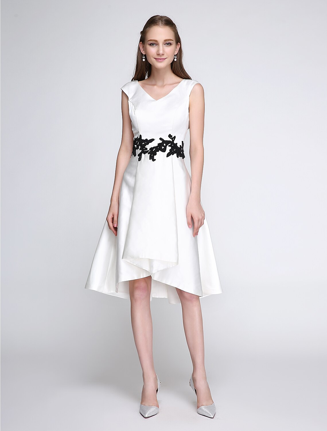 A-Line V-Neck Satin Sleeveless Applique Knee-Length Prom Dress - Chloe Dress