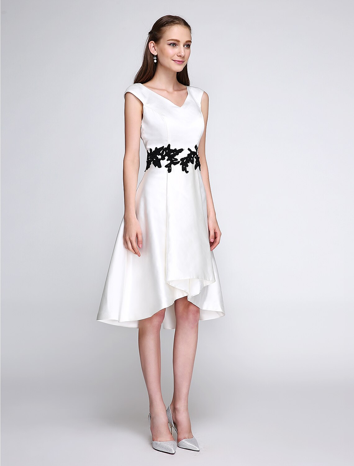 A-Line V-Neck Satin Sleeveless Applique Knee-Length Prom Dress - Chloe Dress