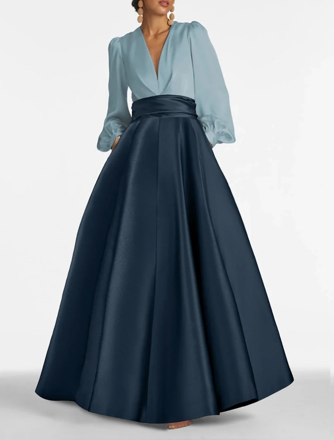 A-Line V-Neck Satin Long Sleeve Floor-Length Evening Gown - Chloe Dress