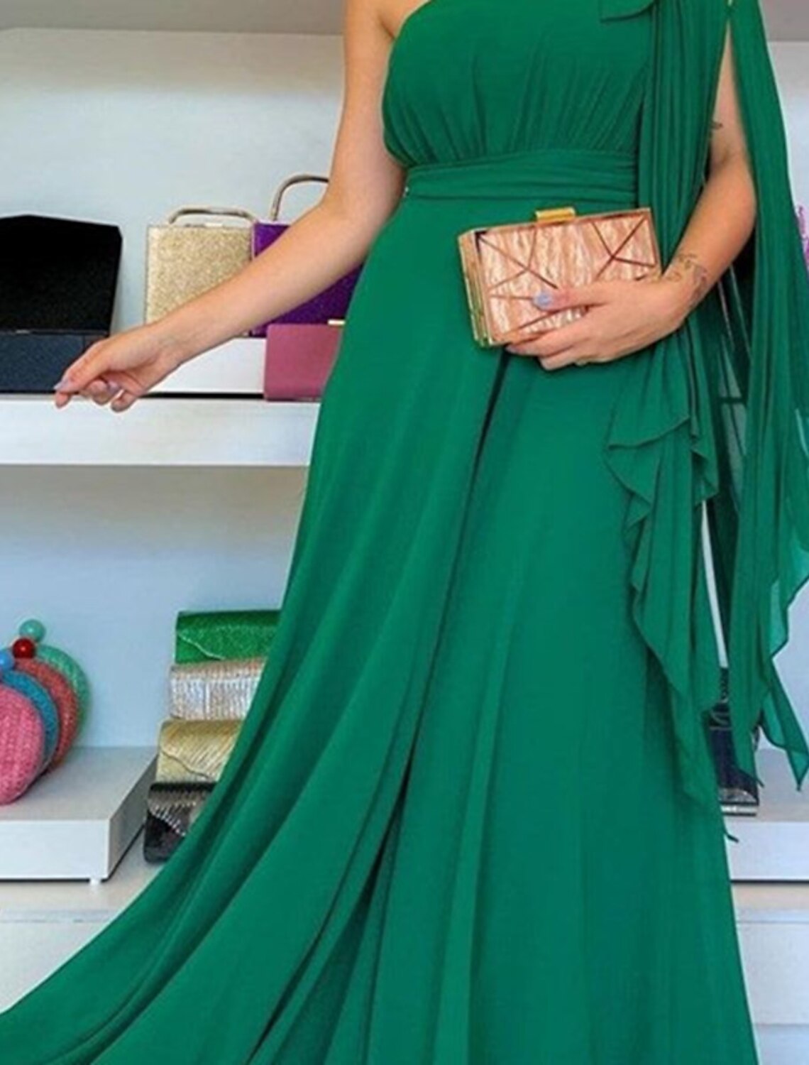 Green A-Line One-Shoulder Chiffon Sleeveless Ruffled Evening Gown - Chloe Dress