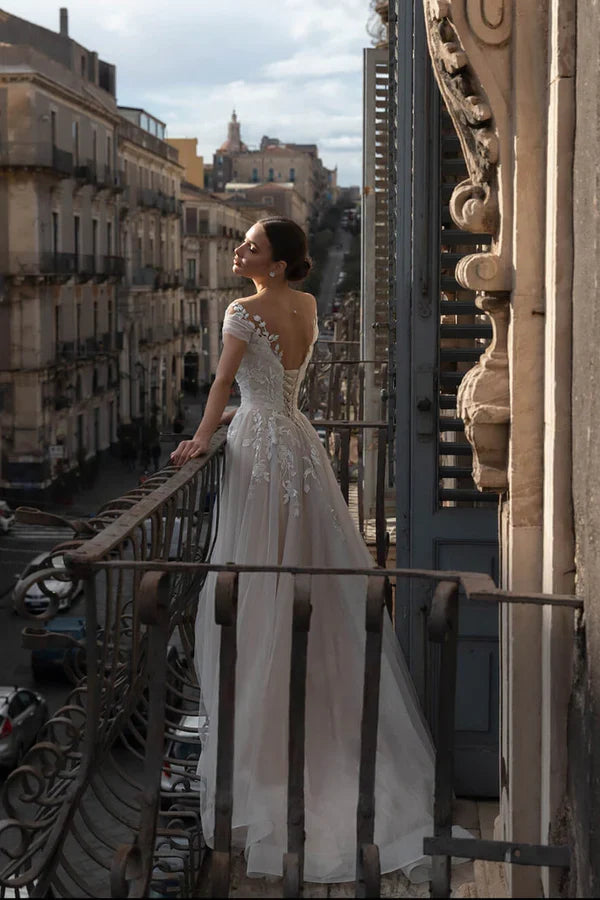 A-Line Illusion Lace Short Sleeve Mini Wedding Dress - Chloe Dress