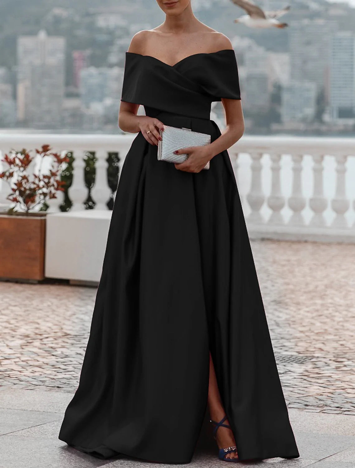 Green A-Line Off-Shoulder Satin Sleeveless High Slit Evening Gown - Chloe Dress