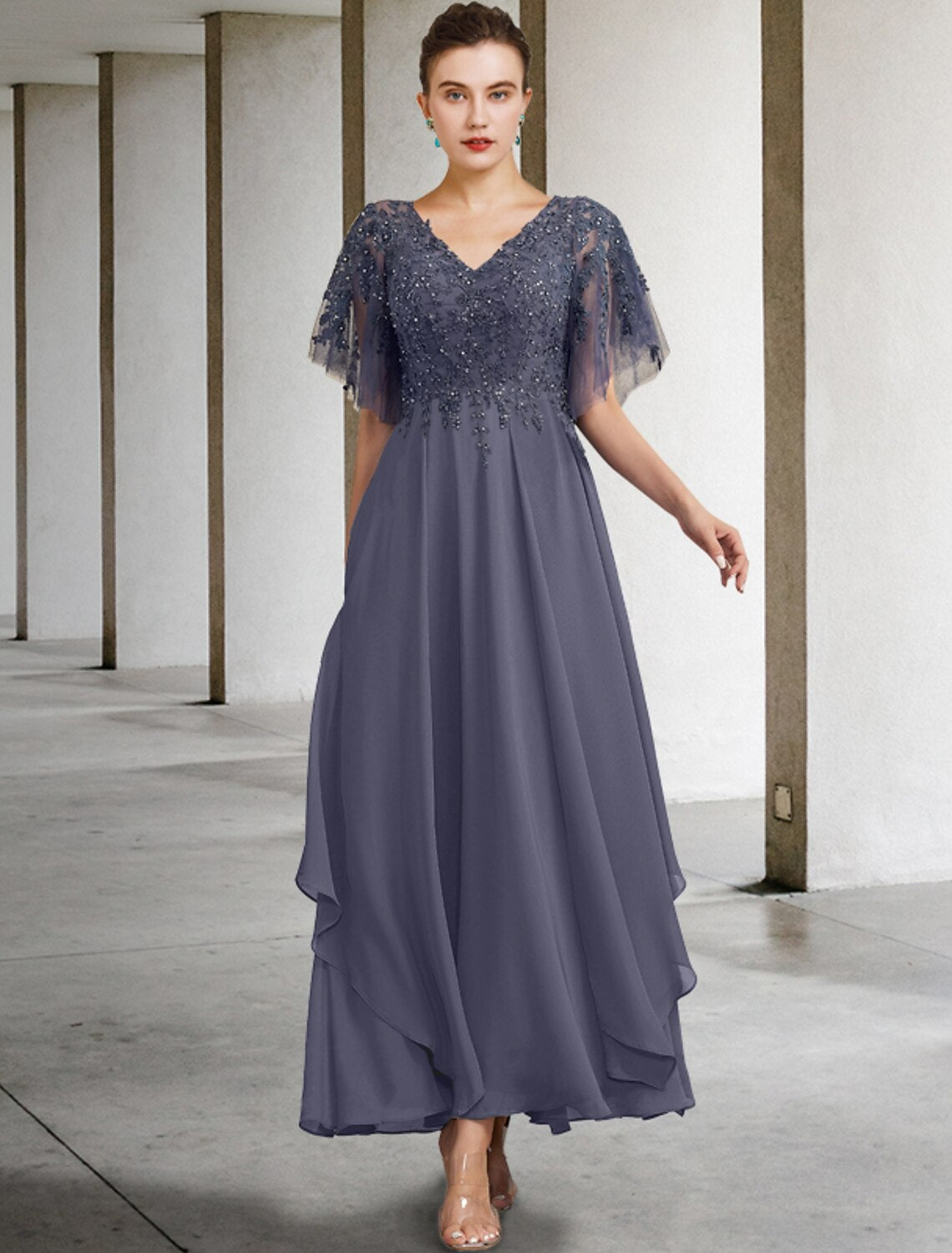 A-Line Chiffon Short Sleeve Applique Mini Dress - Chloe Dress