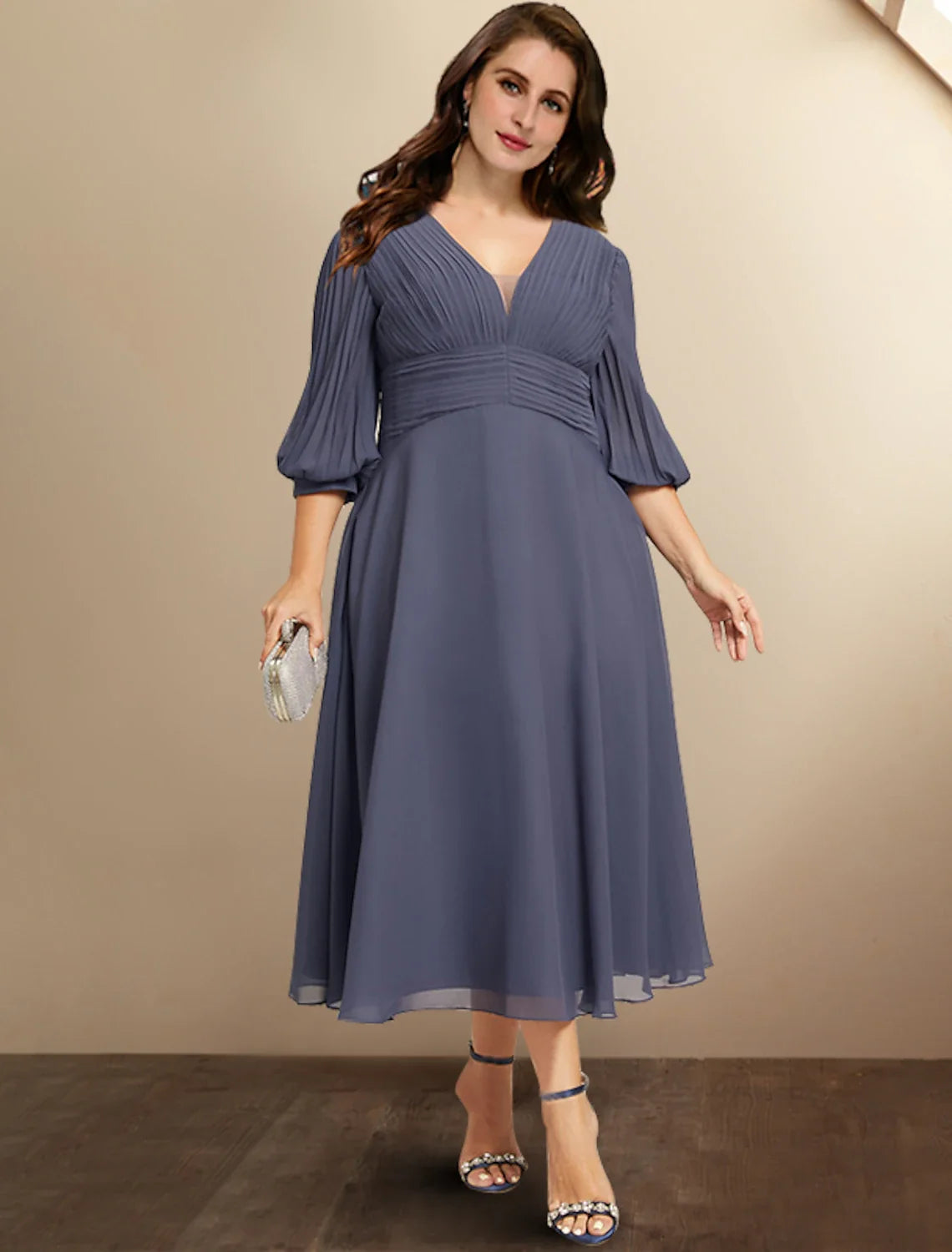 A-Line V-Neck Chiffon Pleated Tea-Length Formal Dress - Chloe Dress