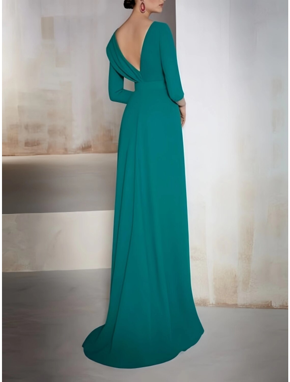 A-Line V-Neck Three-Quarter Sleeve Pleated Evening Gown - Chloe Dress