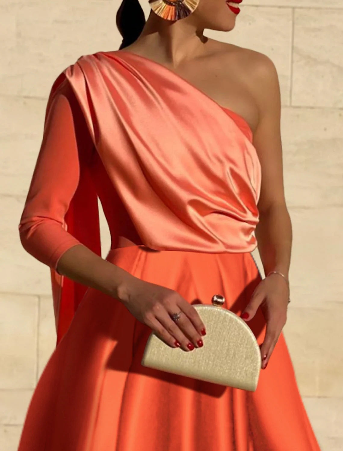 A-Line One-Shoulder Satin Three-Quarter Sleeve Tea-Length Evening Gown - Chloe Dress