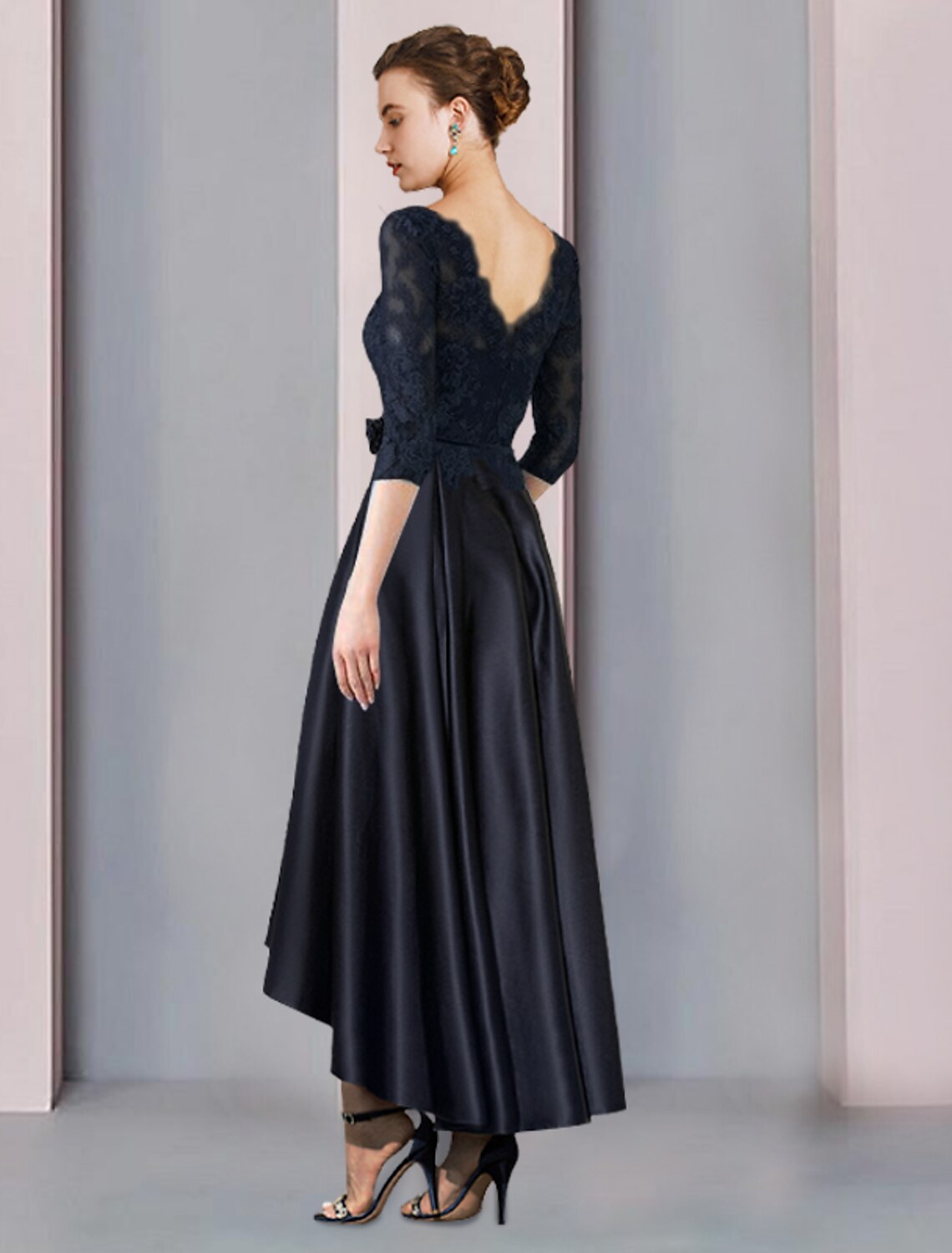 A-Line High Neck Satin Three-Quarter Sleeve Pleated Tea-Length Wedding Dress - Chloe Dress