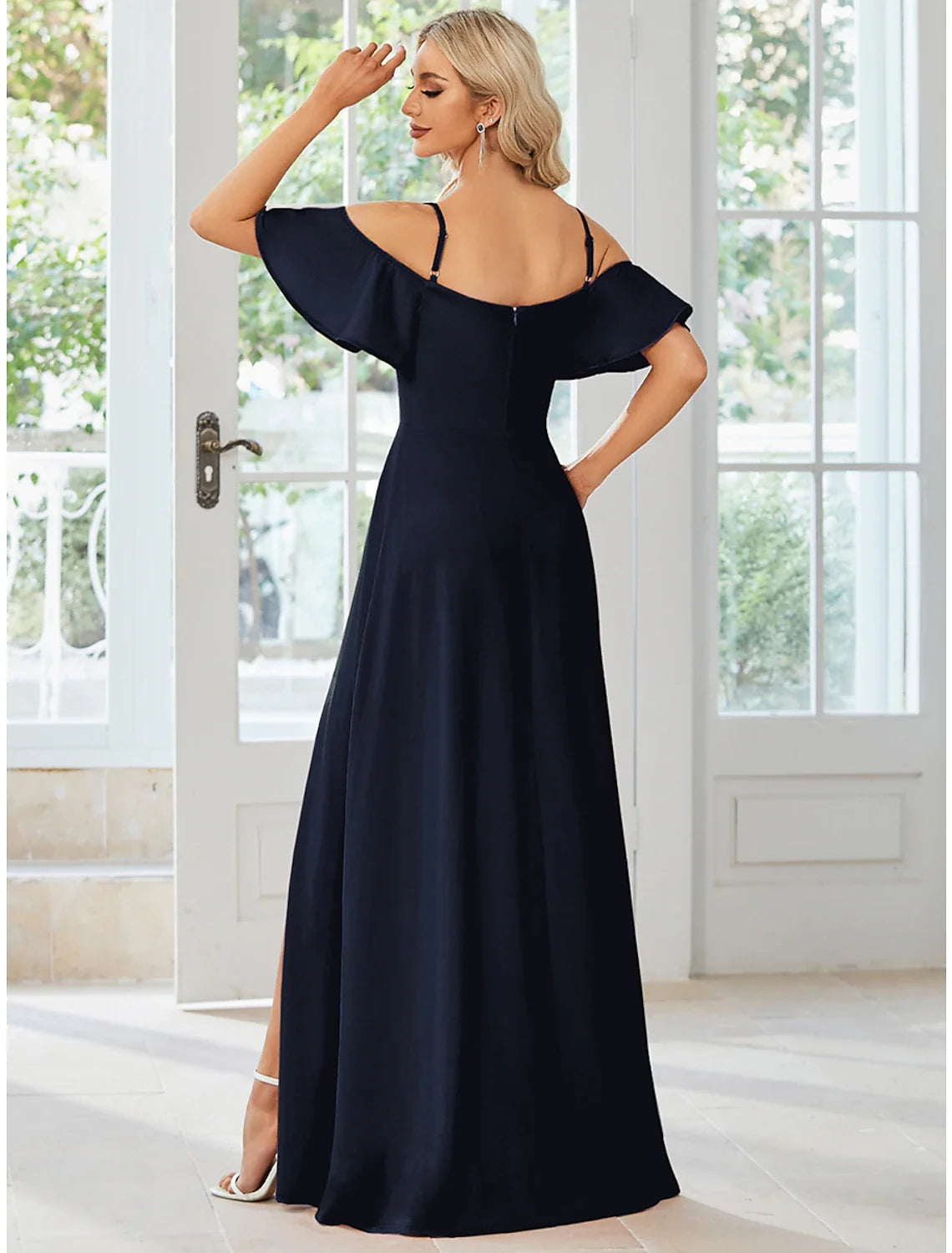 A-Line Off-Shoulder Short Sleeve High Slit Floor-Length Wedding Dress - Chloe Dress