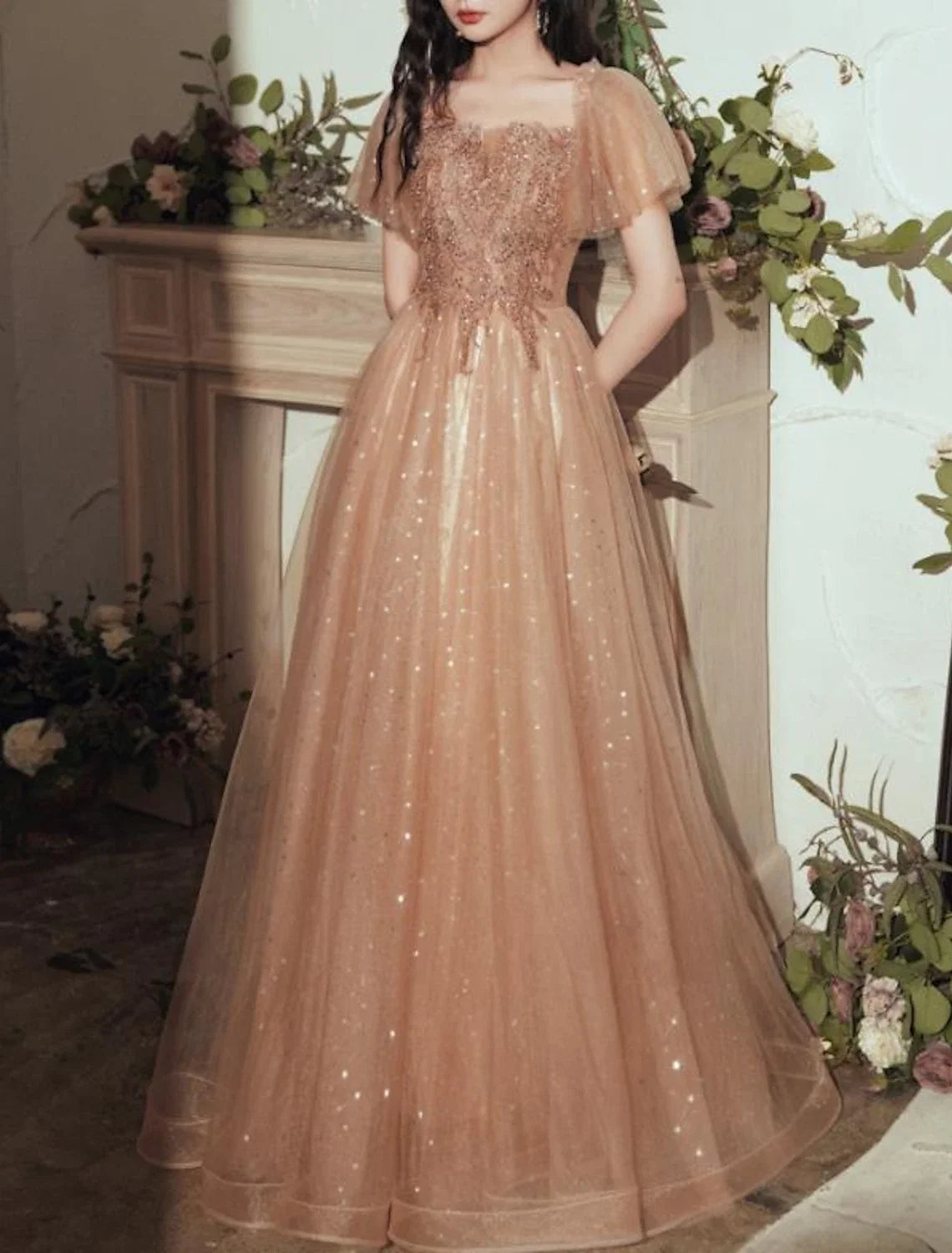 A-Line Tulle Short Sleeve Pleated Floor-Length Evening Dress - Chloe Dress