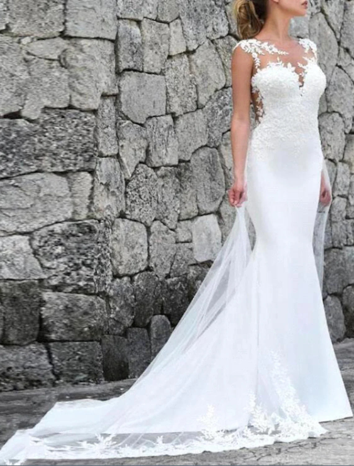 Mermaid Illusion Lace Cap Sleeve Train Wedding Gown - Chloe Dress