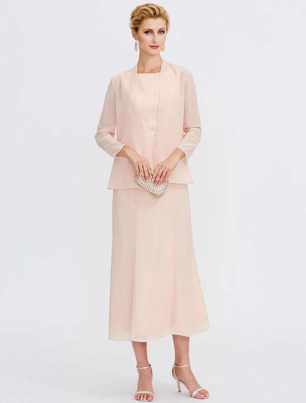 Sheath Chiffon Long Sleeve Pleated Tea-Length Wedding Dress - Chloe Dress
