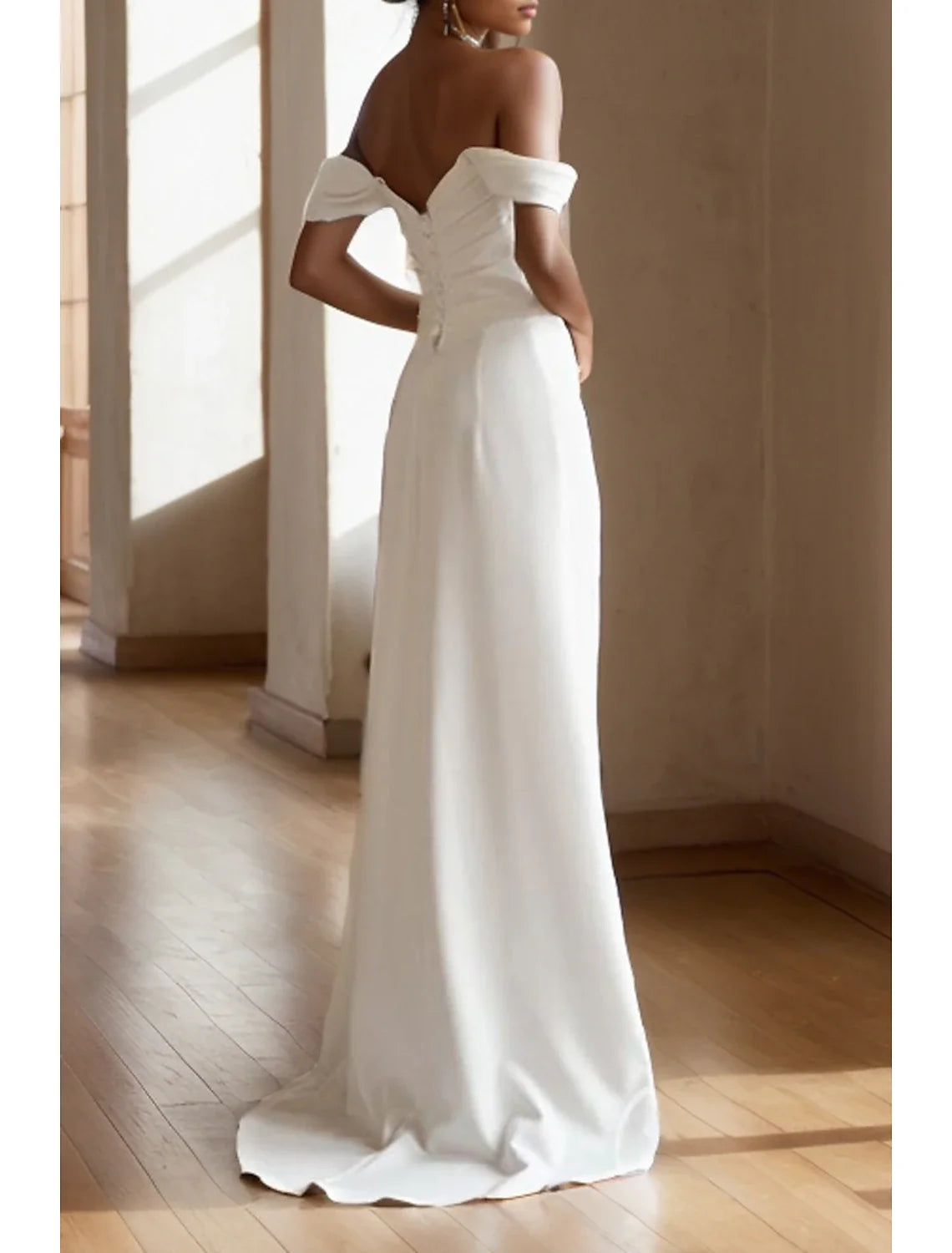White Sheath Off-Shoulder Satin Sleeveless Train Wedding Gown - Chloe Dress