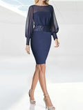 Sheath Chiffon Long Sleeve Rhinestone Knee-Length Wedding Dress - Chloe Dress