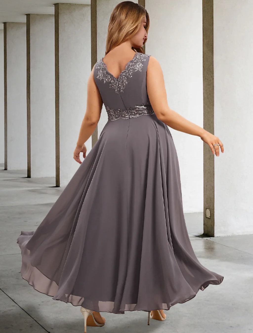 A-Line V-Neck Chiffon Sleeveless Applique Tea-Length Wedding Dress - Chloe Dress