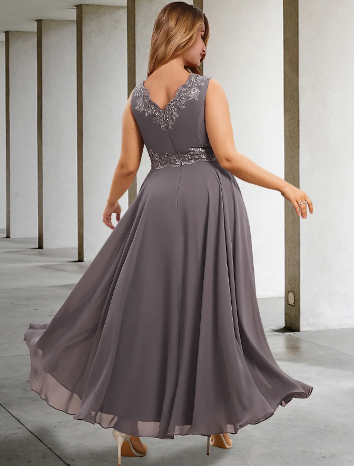 A-Line V-Neck Chiffon Sleeveless Applique Tea-Length Wedding Dress - Chloe Dress